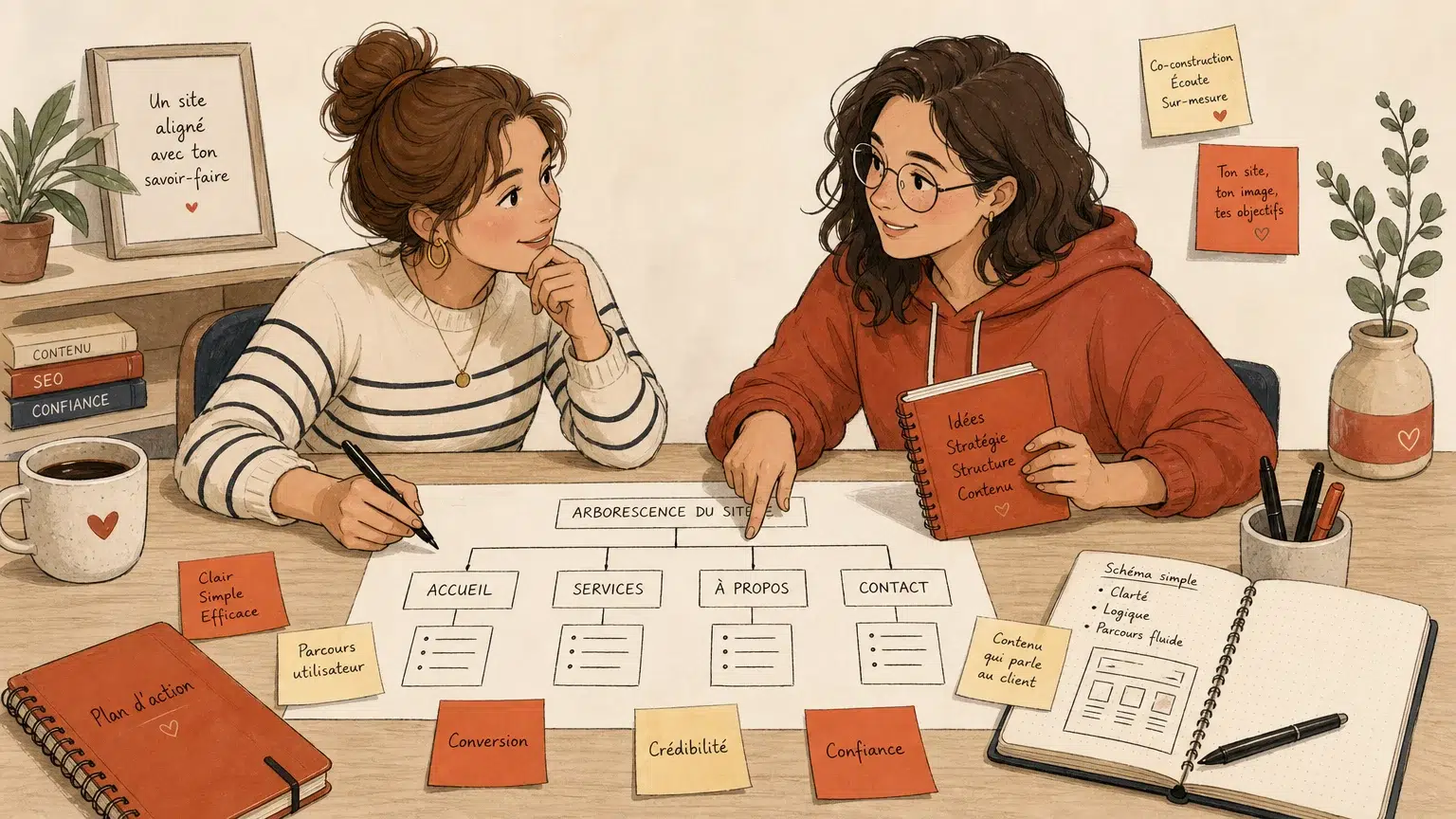 Deux professionnelles construisent ensemble l’arborescence d’un site web