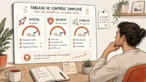 Illustration d’un diagnostic de site WordPress avec des indicateurs de vitesse, sécurité et visibilité