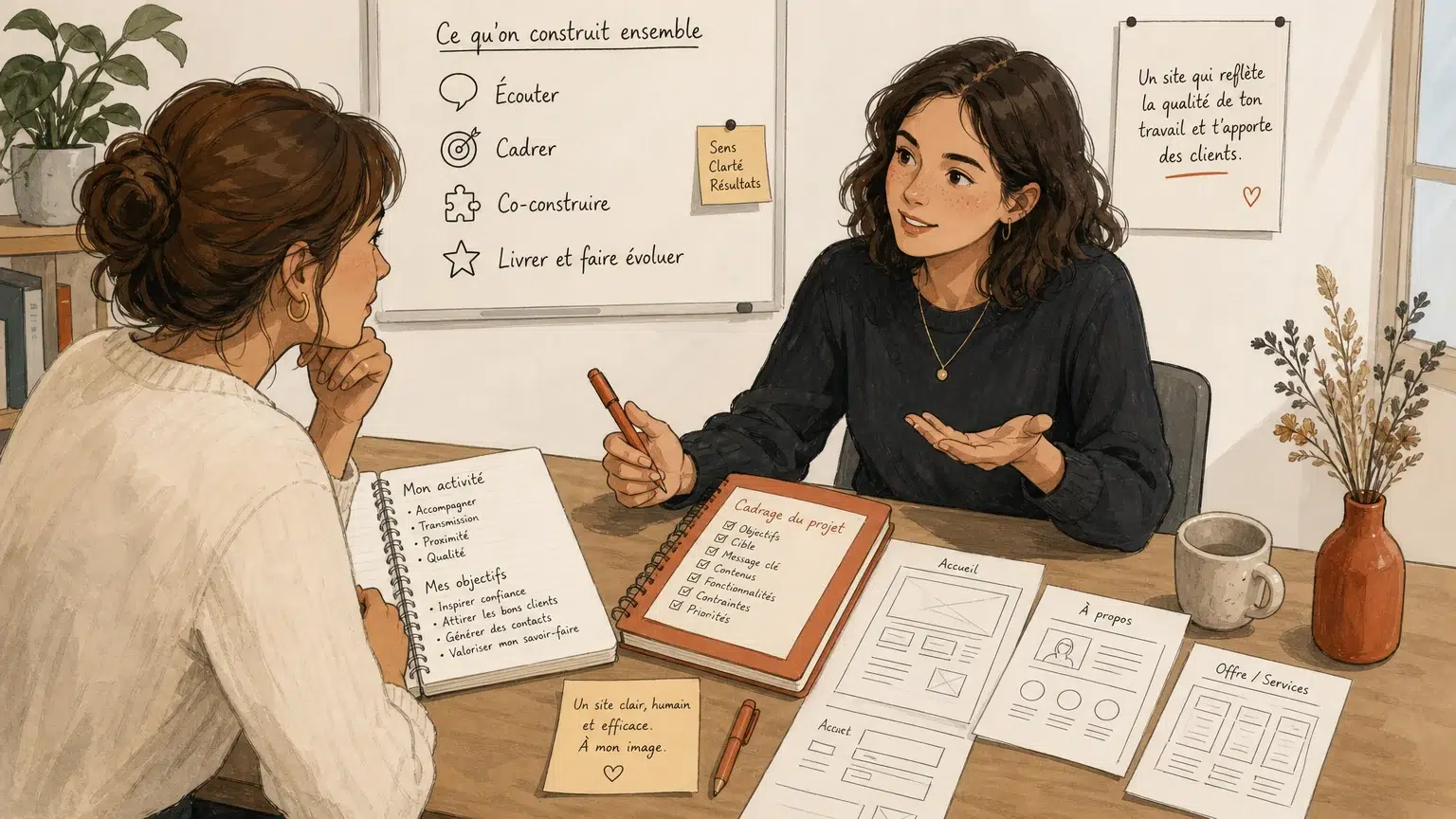 Échange entre une indépendante et une spécialiste pour cadrer un projet de site web