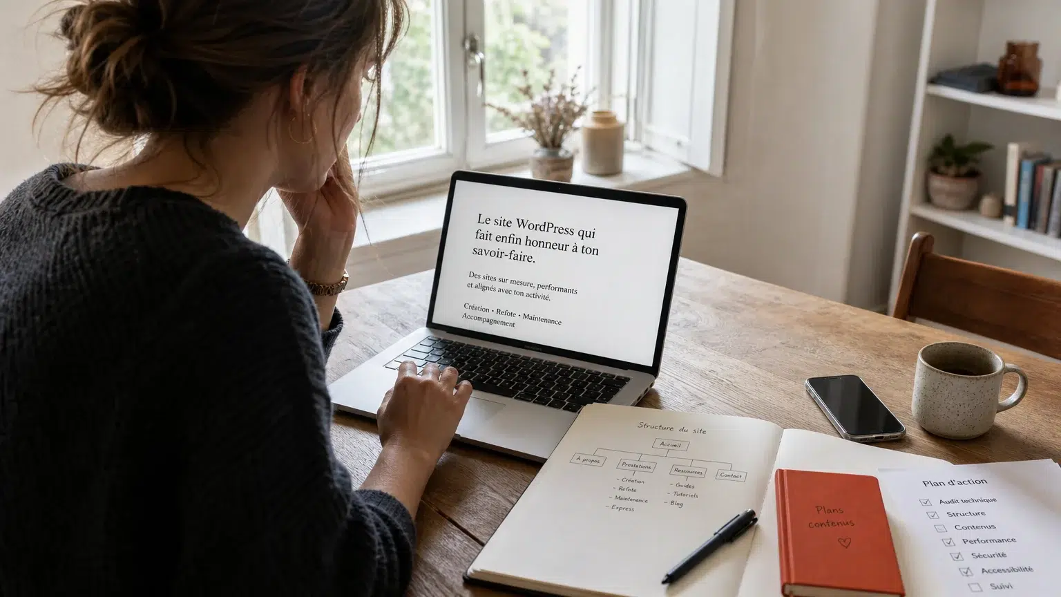 Personne indépendante structurant les pages de son site vitrine