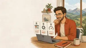 Illustration d’un indépendant choisissant un freelance WordPress depuis Gap