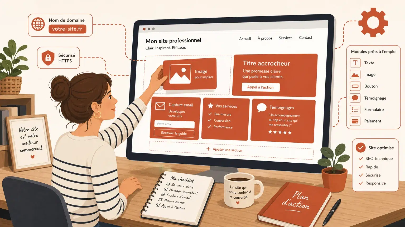 Illustration d'un entrepreneur assemblant un site web WordPress par blocs