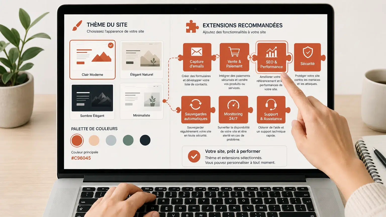 Illustration du choix d'un thème et d'extensions WordPress