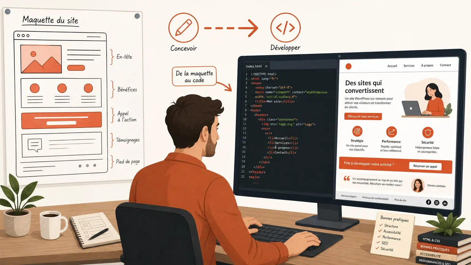 Illustration d'un intégrateur web transformant une maquette en code HTML et CSS