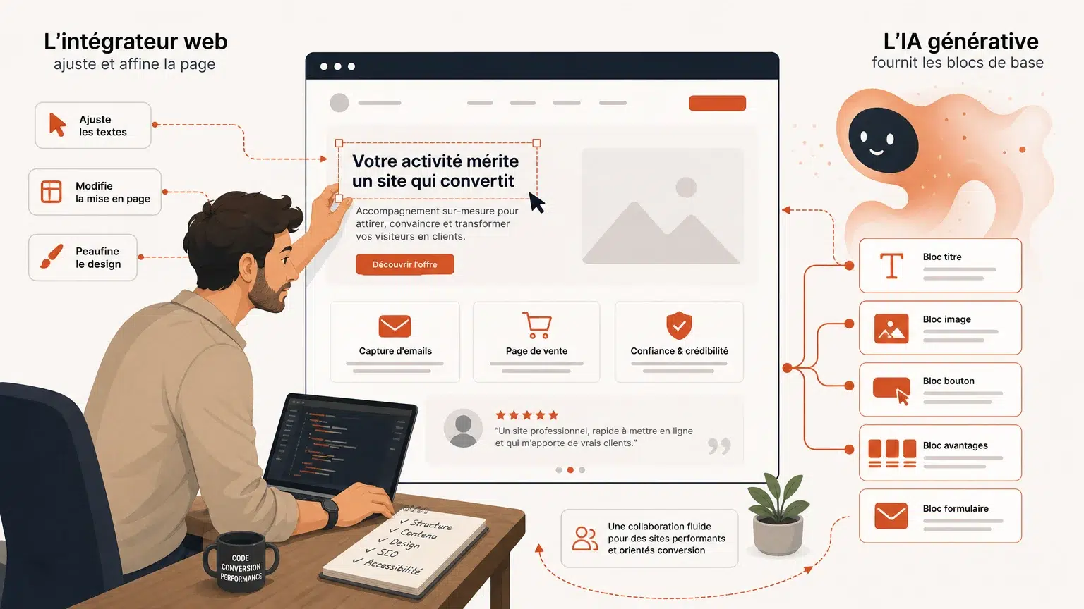 Illustration montrant un intégrateur web collaborant avec l'intelligence artificielle en 2026