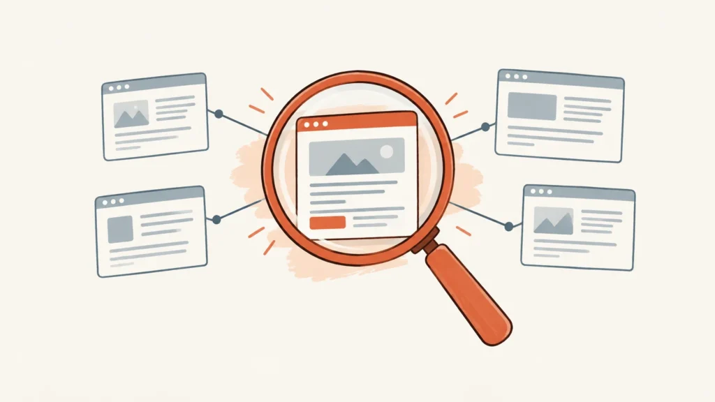 Illustration d’une loupe examinant la structure des pages d’un site pour un audit SEO