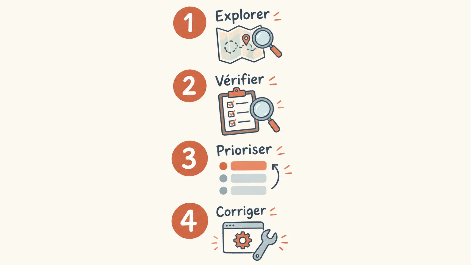 Checklist illustrée des étapes pour analyser un site et prioriser les corrections SEO