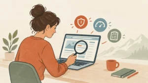 Illustration d’un indépendant qui examine la santé de son site WordPress sur un ordinateur