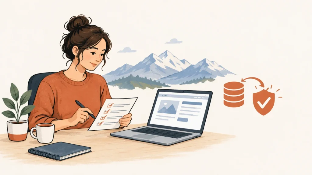 Illustration d’une indépendante vérifiant la maintenance de son site devant une vallée alpine