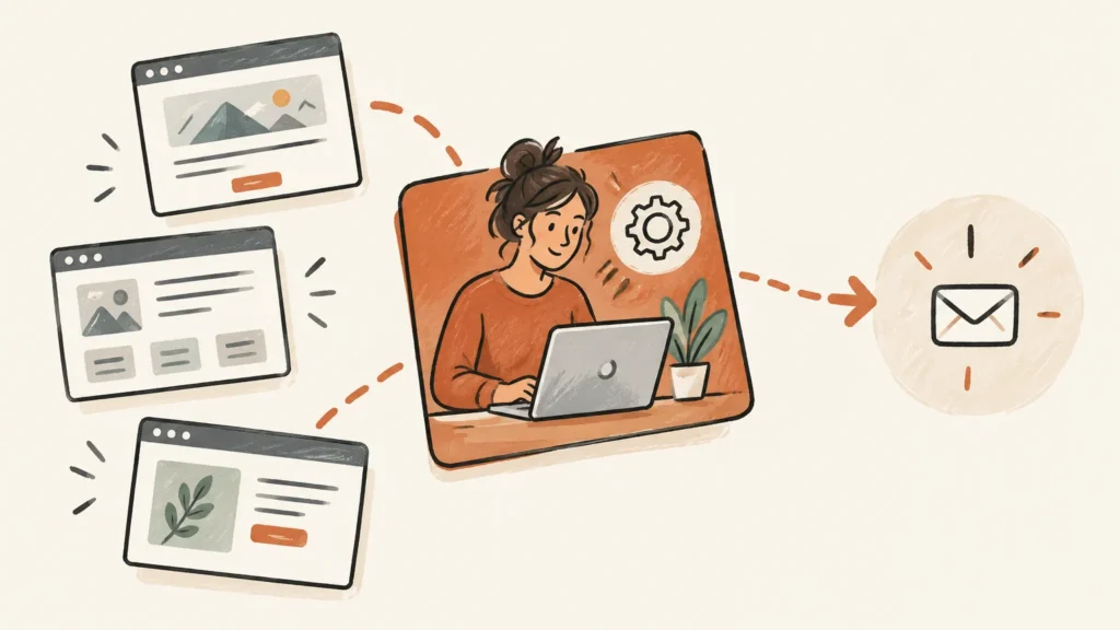 Illustration dessinée de pages web présentant une activité indépendante et guidant vers le contact
