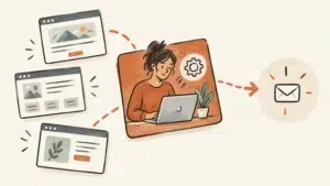 Illustration dessinée de pages web présentant une activité indépendante et guidant vers le contact