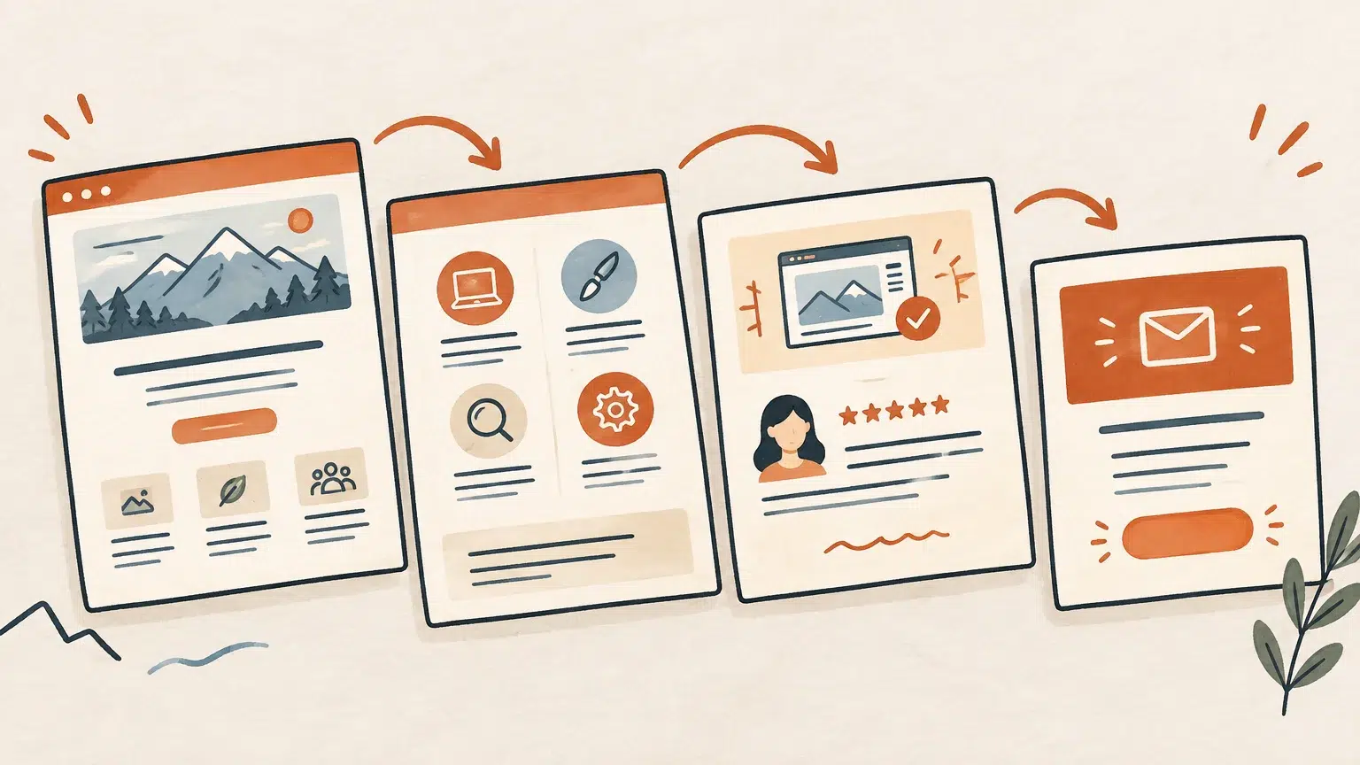 Illustration dessinée d’un parcours de site professionnel, de la présentation au contact
