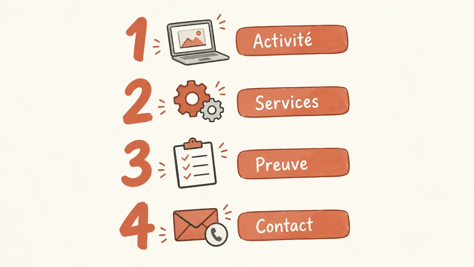 Infographie dessinée présentant quatre étapes pour structurer son site, de l’activité au contact