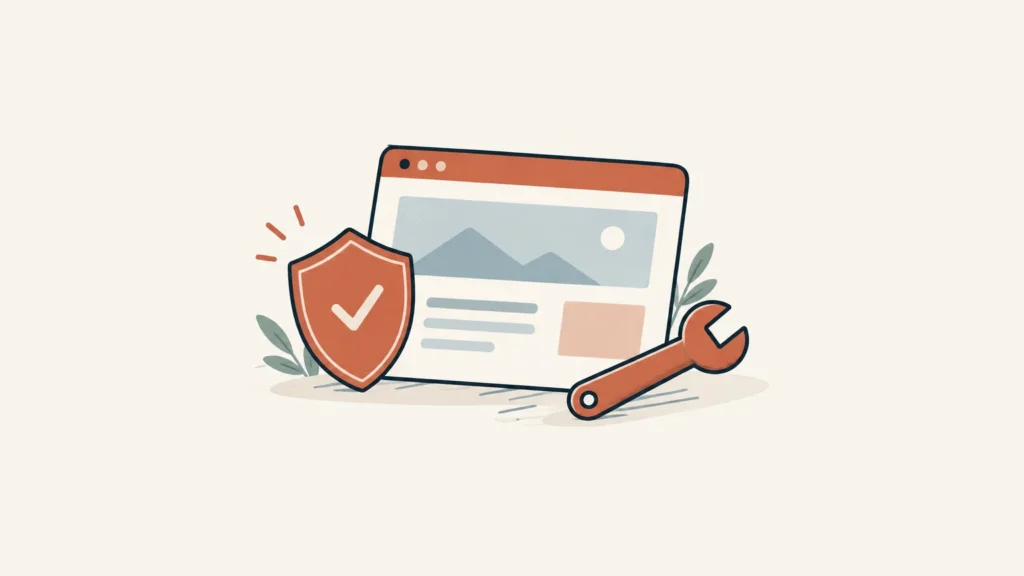 Illustration d’un site web symbolisé par une page, un bouclier et une clé de maintenance