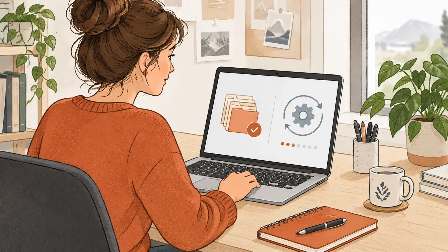 Illustration d’une freelance qui suit les mises à jour et les sauvegardes d’un site WordPress