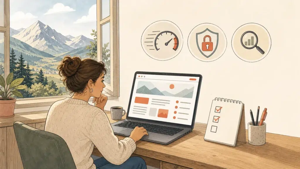 Illustration dessinée d’un audit de site WordPress, avec ordinateur, checklist et icônes de performance, sécurité et référencement, dans un décor évoquant les Hautes-Alpes.