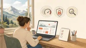 Illustration dessinée d’un audit de site WordPress, avec ordinateur, checklist et icônes de performance, sécurité et référencement, dans un décor évoquant les Hautes-Alpes.