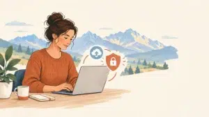 Illustration d’une indépendante vérifiant la maintenance de son site WordPress dans les Hautes-Alpes