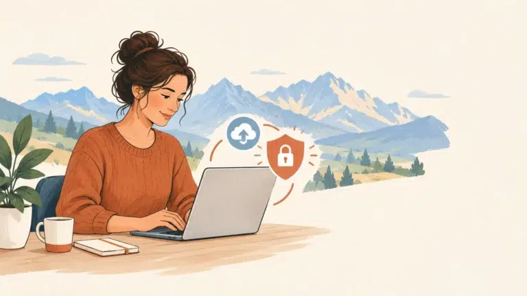 Illustration d’une indépendante vérifiant la maintenance de son site WordPress dans les Hautes-Alpes