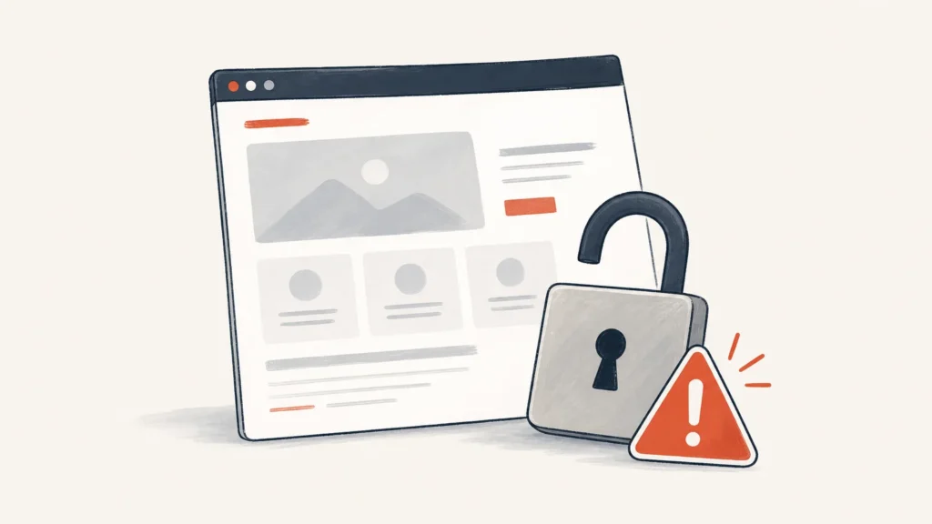 Illustration d’un site WordPress piraté avec un cadenas ouvert et un signe d’alerte