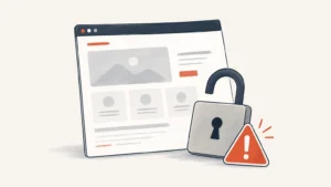 Illustration d’un site WordPress piraté avec un cadenas ouvert et un signe d’alerte