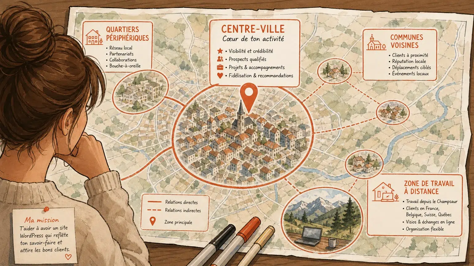 Carte illustrée d’une zone de service locale structurée autour d’une activité indépendante